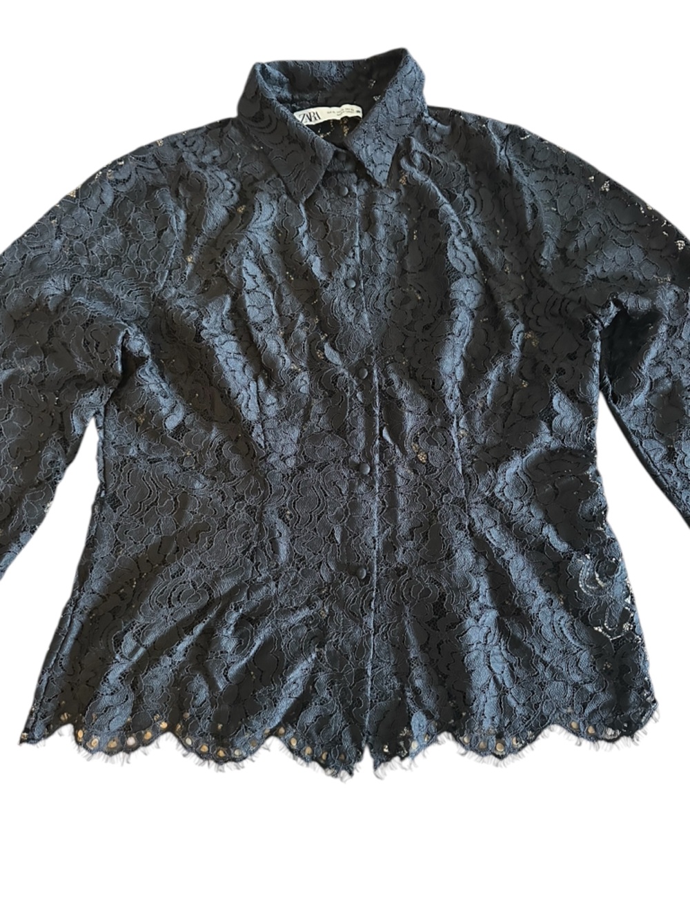 Zara Chic Black Lace Fitted Button Down Shirt Size XL but runs small!